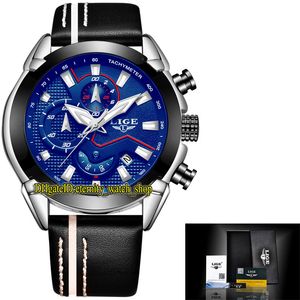 LIGE éternité LG9869 Sport Hommes Montres Date Cadran Bleu Japon VK Quartz Chronographe Mouvement Lumineux Montre Homme Lunette Noire Boîtier En Acier Argenté Bracelet En Cuir