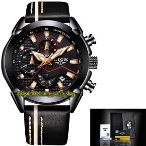 LIGE éternité LG9869 Sport Montres Hommes Date Cadran Noir Pointeur Or Rose Japon VK Quartz Chronographe Mouvement Montre Homme Lunette Noire Boîtier Acier Bracelet Cuir 113323