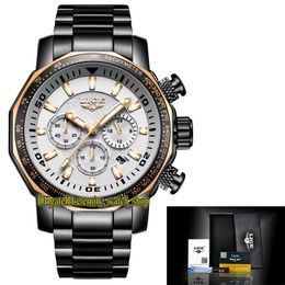 LIGE Eternity LG9871 Sport Mens Horloges Datum Wit Dial Rose Gold Pointer Japan VK Quartz Chronograph Movement Men Horloge Staal Case Black Bracelet