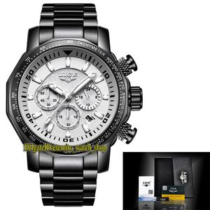 LIGE Eternity LG9871 Sport Mens Horloges Datum Wit Dial Silvery Pointer Japan VK Quartz Chronograph Beweging Mannen Horloge Black Steel Case Roestvrij Strap