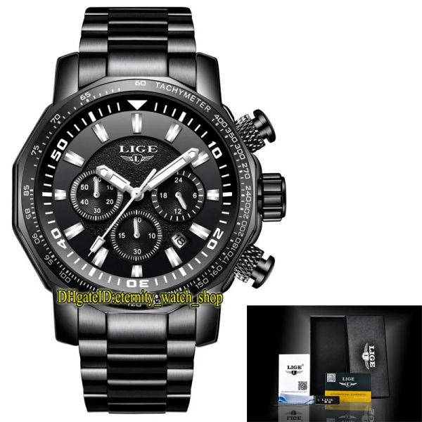 LIGE Eternity LG9871 Sport Philip Stein Prix de la montre avec cadran de date, pointeur argenté, mouvement chronographe à quartz Japon VK, boîtier en acier noir,