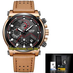 LIGE Eternity LIGE9856 Sport Mens Horloges Datum Zwarten Dial Silvery Pointer Japan VK Quartz Chronograph Beweging Mannen Horloge Zwart Bezel Legering Case Lederen Strap