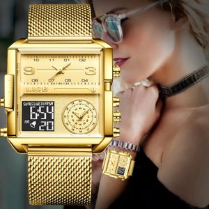 LIGE mode double affichage montre femmes Top marque de luxe créatif carré montres dames décontracté or montre Relogio Feminino 240123