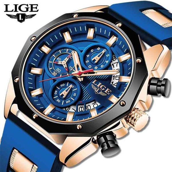 LIGE mode hommes montres haut de gamme de luxe Silicone Sport montre hommes Quartz Date horloge étanche montre-bracelet chronographe 210804308y