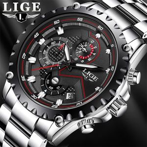 LIGE Mode Hommes Montres Top Marque De Luxe Argent En Acier Inoxydable 30 m Étanche Quartz Montre Hommes Armée Militaire Chronographe 220407