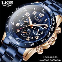 LIGE Mode Hommes Montres avec Acier Inoxydable Top Marque De Luxe Sport Chronographe Quartz Montre Hommes Relogio Masculino 210527
