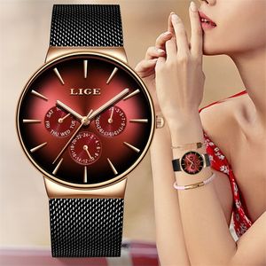 LIGE Mode Femmes Montre Top Marque De Luxe Dames Mesh Ceinture Ultra-mince Montre En Acier Inoxydable Étanche Quartz Montre Reloj Mujer 201118