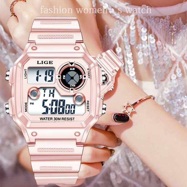 LIGE Ladies Relojes Luxury Rose Mujeres Reloj digital para mujeres Impermeable Silicona LED Reloj de pulsera electrónico Fecha Alarma Reloj 210527