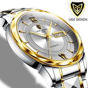 LIGE LIGE Mode Automatische Mechanische Horloge Luxe Tungsten Staal 50m Waterdicht Horloge voor Mannen Zakelijke Datum Weekhorloges 210527