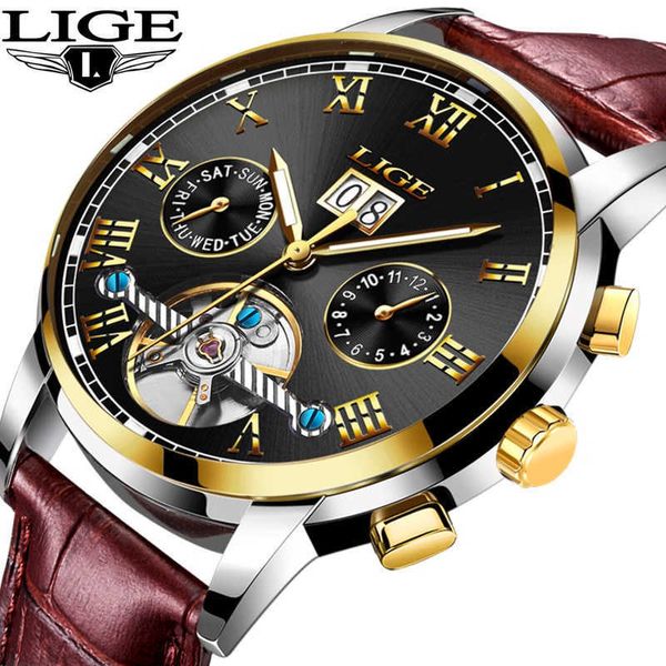 LIGE Marque De Luxe Automatique Montres Mécaniques Hommes En Cuir Étanche Montre D'affaires Hommes Quartz Horloge Homme Relogio Masculino 210527