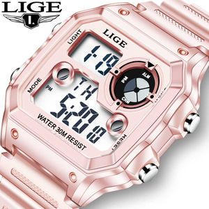 LIGE Luxe Rose Dames Montre Pour Femmes Numérique Étanche Date Alram Horloge Silicone Électronique LED Affichage Montre-Bracelet 210527