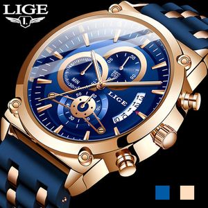 LIGE Montre Homme Chronographe Analogique Quartz Montre Date Cadran Créatif Bracelet Silicone Bleu Montre Poignets Étanche Reloj Hombre 210527