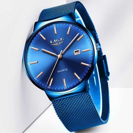 LIGE Montres pour hommes Montre de luxe Hommes Mode Sports Quartz Montre en acier inoxydable Bracelet en maille Ultra mince Cadran Date Bleu Horloge 210527