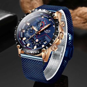 LIGE hommes montres mâle haut marque de luxe bleu maille acier montre d'affaires hommes mode étanche chronographe Reloj Hombre 210527