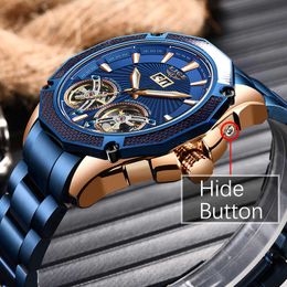 LIGE hommes montres mécaniques Top marque de luxe Double montre automatique hommes tout acier étanche horloge + boîte 210527