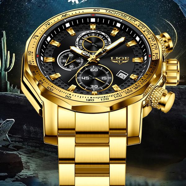 Relojes LIGE para hombre de primeras marcas, reloj deportivo grande, relojes de pulsera de cuarzo de acero militar para hombre, cronógrafo, diseño dorado, reloj masculino 240220