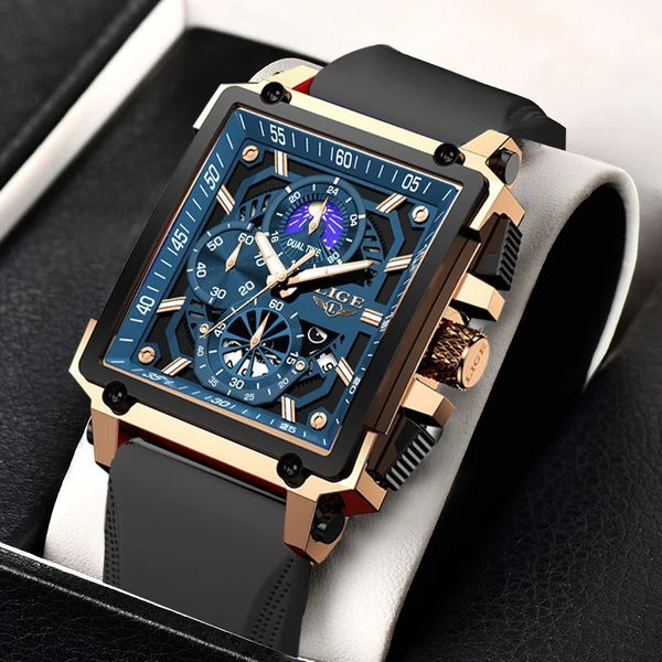 Relojes LIGE para hombre, relojes deportivos de Cuadrado hueco de lujo de primeras marcas para hombre, correa de silicona a la moda, reloj de pulsera de cuarzo resistente al agua 240227