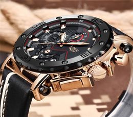 LIGE Mens Watchs Top Brand Luxury Military Sport montre des hommes en cuir noir