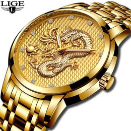 LIGE MENS Horloges Topmerk Luxe Quartz Clcok Mannen Casual Waterdichte Goud Dragon Full Steel Sport Polshorloge Relogio Masculino 210527