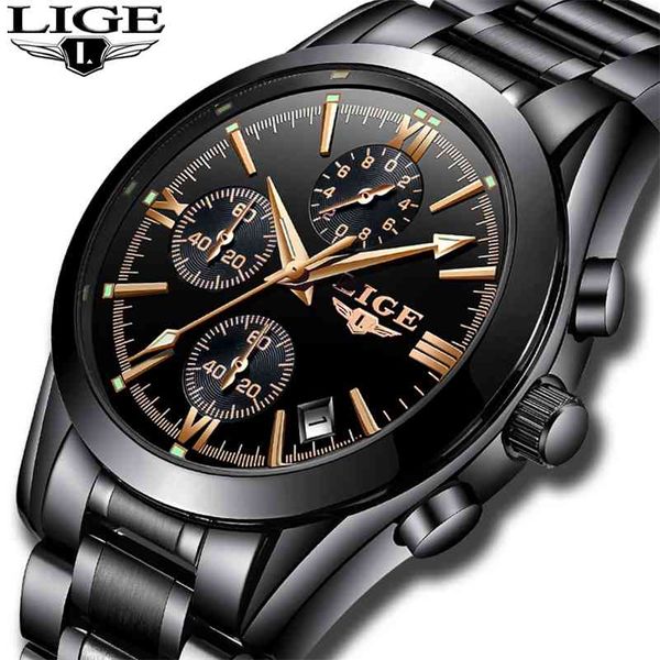 LIGE Hommes Montres Top Marque De Luxe Quartz Horloge Mâle En Acier Inoxydable Chronographe Militaire Sport Montre-Bracelet Hommes Relogio Masculino 210527