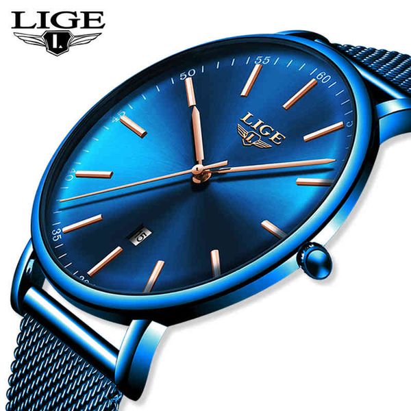 Lige Hommes Montres Top Marque De Luxe Étanche Ultra Mince Horloge Bleu Mesh Ceinture Mode Casual Quartz Montre Hommes Sport Montre-Bracelet Q0524