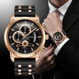 Lige Nieuwe Classic Black Mens Horloges Topmerk Luxe Horloge voor Man Militaire Siliconen Waterdichte Quartz Clock Relogio Masculino LJ201202