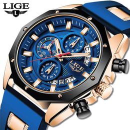 LIGE Nouvelle Mode Hommes Montres Top Marque De Luxe Silicone Sport Montre Hommes Quartz Date Horloge Étanche Montre-Bracelet Chronographe 210329