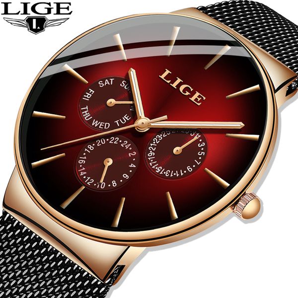 LIGE NOUVELLES MODE MENS HOMETES TOP Marque Montre à quartz de luxe Men Mesh Mesh Steel Steproof Ultra-mince montre-bracelet pour hommes Sport Horloge