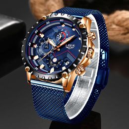 LIGE nouveaux hommes montres mâle haut tendance marque de luxe en acier inoxydable bleu montre à Quartz hommes décontracté Sport étanche montre Relogio LY215d