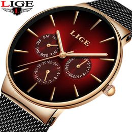 Lige Rode Klok Mens Horloges Topmerk Luxe Casual Mesh Belt Rvs Quartz Horloge voor Mannen Sport Horloge + Box 210527
