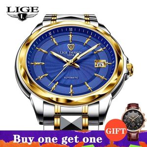 LIGE SAPPHIRE GLAS MENSHOEK Roestvrij staal 100m Waterdicht Mechanisch Horloge Luxe Automatische Watcatches Reloj Hombre 210527