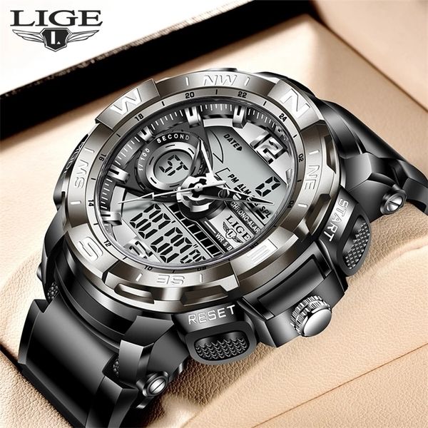 LIGE Sport hommes montre numérique à Quartz montres de plongée créatives hommes étanche alarme montre double affichage horloge Masculino 220525
