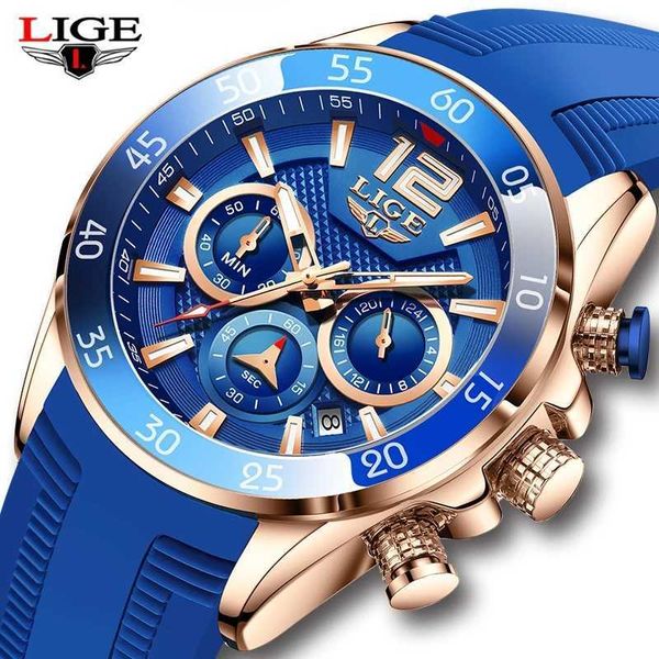 LIGE Sports Hommes Montres Top Marque De Luxe Bracelet En Silicone Montre À Quartz Mode Hommes Bleu Étanche Chronographe Relogio Masculino 210527