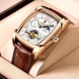 LIGE TOP Merk Luxe Mens Horloges Vierkant Automatisch Horloge voor Mannen Klok Lederen Waterdicht Mechanisch Horloge 220407