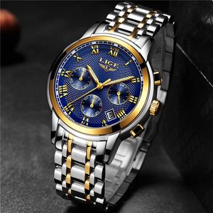 Lige horloges heren luxe merk chronograaf mannen sport horloges waterdichte volledige stalen quartz herenhorloge relogio masculino + doos 210527