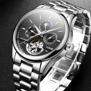 Lige horloges heren luxe merk automatische mechanische horloge mannelijke zakelijke waterdichte volledige stalen mannen kijken relogio masculino + doos 210527