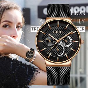 LIGE Femme Montres Or Rose Top Marque De Luxe Montre Femmes Quartz Étanche Femmes Montre-Bracelet Dames Filles Montres Horloge 210527