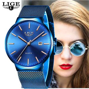 LIGE Femmes Montres Top Marque De Luxe Analogique Quartz Montre Femmes Plein Bleu Mesh En Acier Inoxydable Date Horloge Mode Cadran Ultra-mince 210517