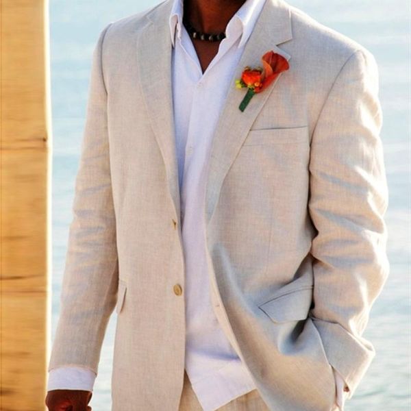 Trajes de hombre de color beige claro Causal Traje de boda en la playa Trajes de lino para novio Novio Blazer Hombres Esmoquin A medida Fiesta de graduación Abrigo Pantalón Chaqueta + Pantalones