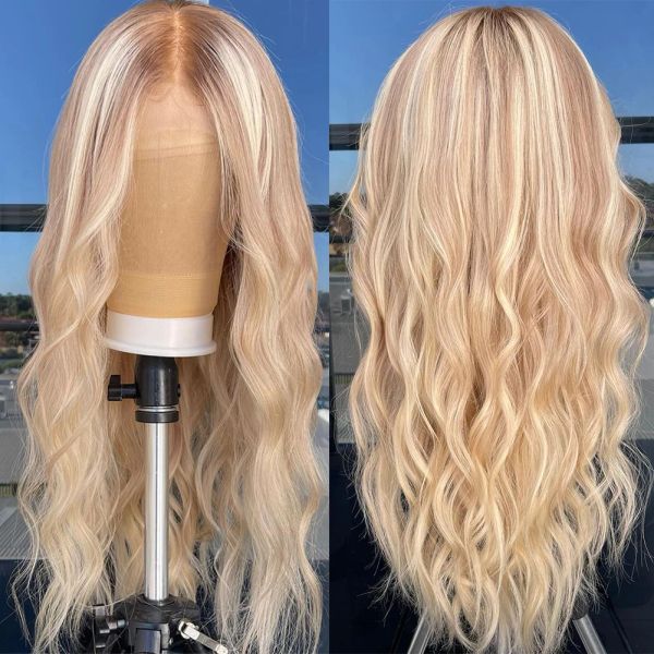 Perruques de cheveux humains Full Lace Front Wig avec reflets blond clair, 13x4 HD, racines lâches, perruque synthétique pre-plucked avec partie centrale pour femmes