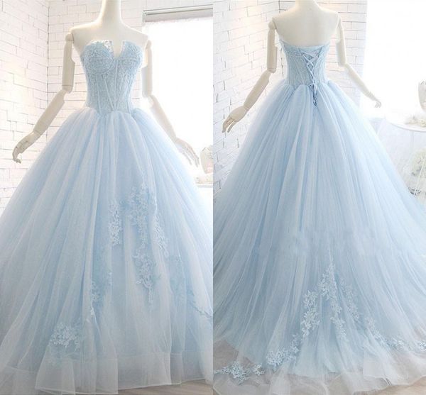 Bleu clair 2021 taille empire robes de soirée formelles dentelle voir col en V corset dos appliques tulle princesse bal robe de Quinceanera douce 16 filles