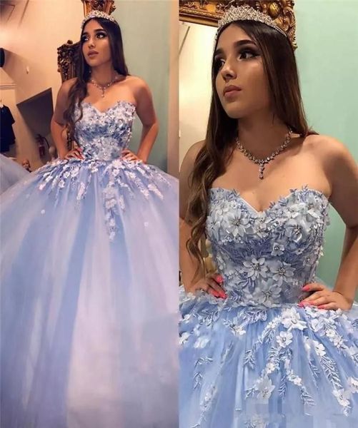 Azul claro 2023 Vestidos de quinceanera 3d Aplicación de encaje floral Corsé espalda de espalda Cabello personalizado Sweet 16 Princess Birthday Fiest Vestidos