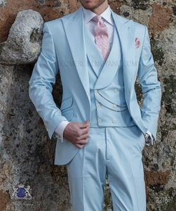 Costume 3 pièces bleu clair pour hommes, smoking de mariage, beau marié, excellent blazer pour dîner d'affaires (veste + pantalon + cravate + gilet) 491