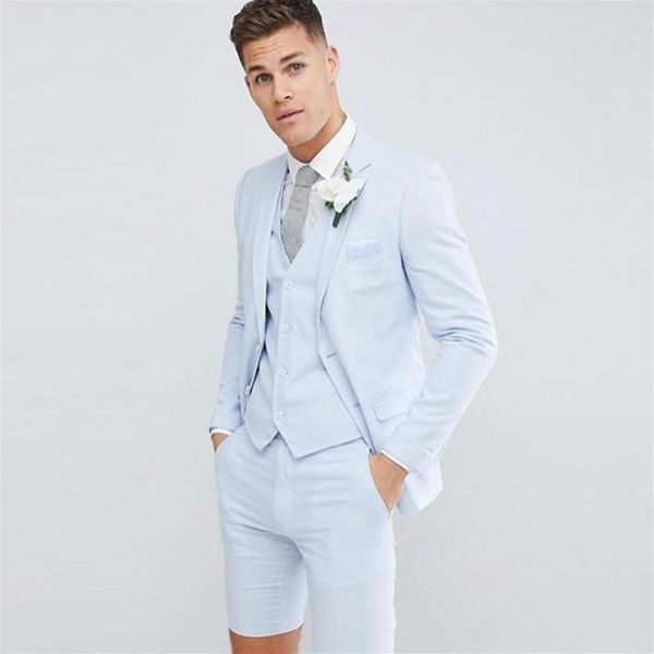 Azul claro 3 piezas pantalones cortos novio esmoquin hombres boda traje chaqueta pantalones chaleco 2 botones Slim Fit fiesta padrino hombre Suit217d