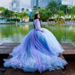 Lichtblauw Applique Kant Kralen Prinses Quinceanera Jurken Baljurk Uit De Schouder Corset Sweet 16 Vestidos De XV 15 Anos