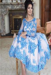 Bleu clair Applique dentelle thé longueur robes de bal 2019 encolure dégagée Illusion manches longues tenue de soirée formelle Dubaï femmes robes de soirée8406762