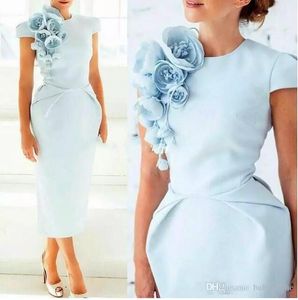 Bleu clair arabe manches courtes gaine robes de soirée cocktail thé floral longueur robes de soirée formelles 2018 robes de bal pas cher
