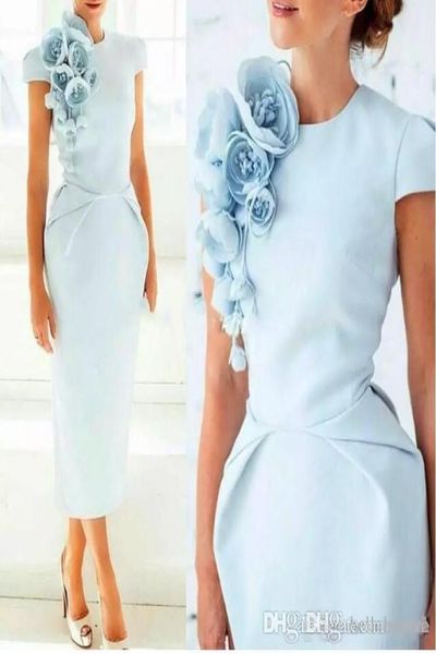 Bleu clair arabe manches courtes gaine cocktail robes de soirée floral thé longueur formelle robes de soirée 2018 pas cher robes de bal6107782