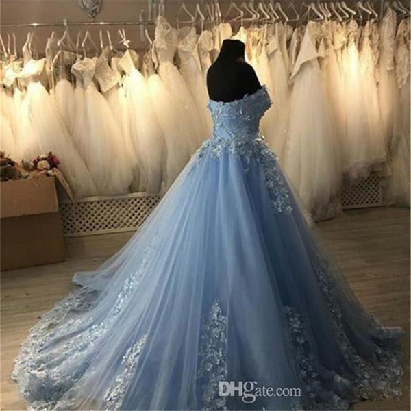 Robes de soirée robe de bal bleu clair avec appliques florales 3D, plus la taille des robes de bal sweet 16 robes sweetheart corset tulle quincea231e