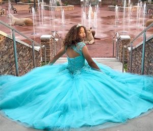 Lichtblauwe baljurk prinses quinceanera jurken cap mouwen appliques vestidos de 16 anos puffy tuLle prom jurken aangepaste ontwerper hy304